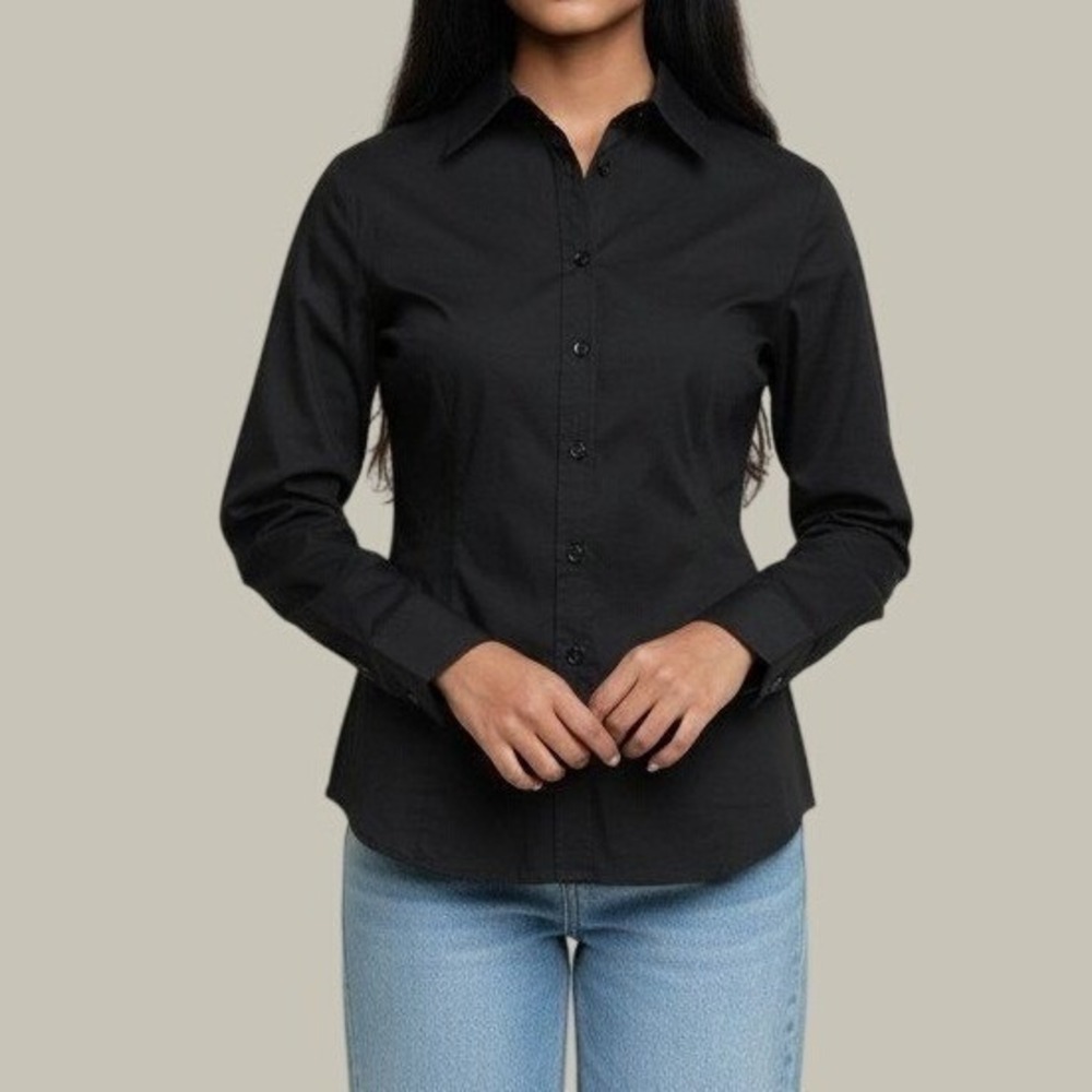 Apostrophe Stretch Button Down Shirt L Black Office Siren CorpCore Career Blouse